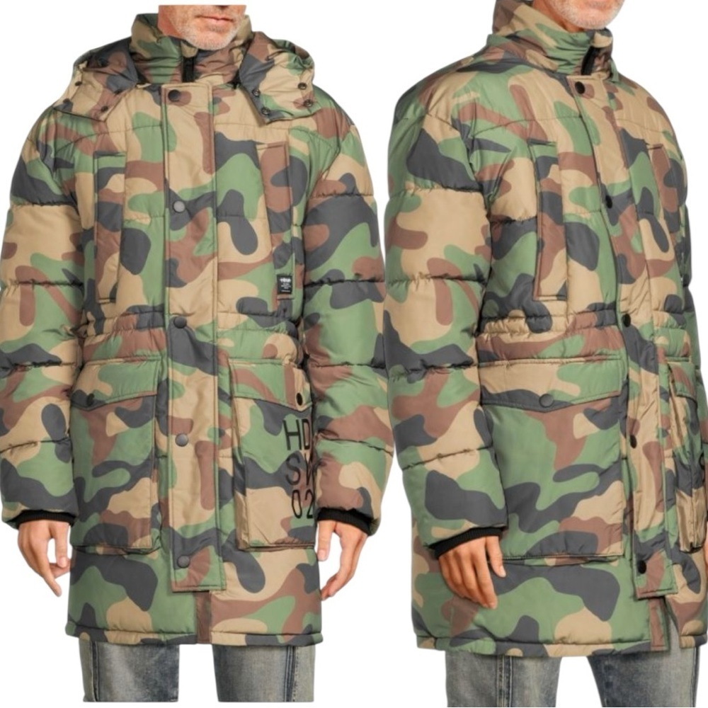 Hudson Jeans Camo Quilted & Hooded Parka Puffer Men’s Winter Coat Size Small